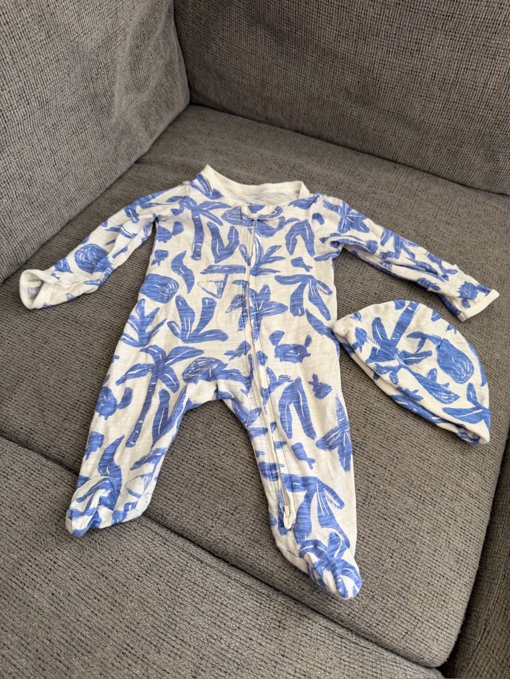 Carter's White and Blue Botanical Footed One-Piece with Hat